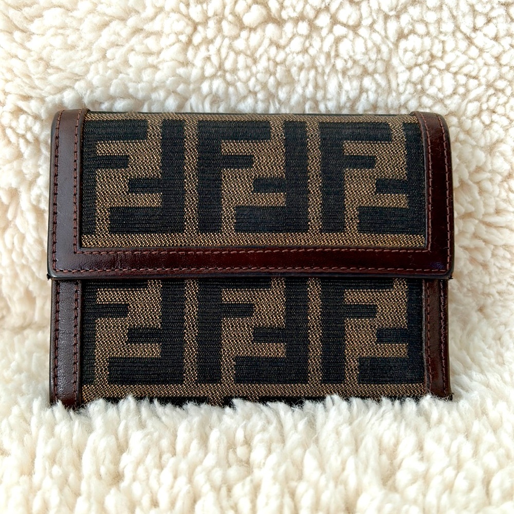 FENDI Zucca Brown Leather Canvas Bi-fold Wallet